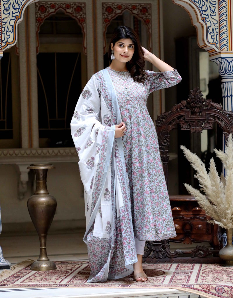 Miravan Women's Blue Anarkali Kurta with Floral Dupatta - Image 2